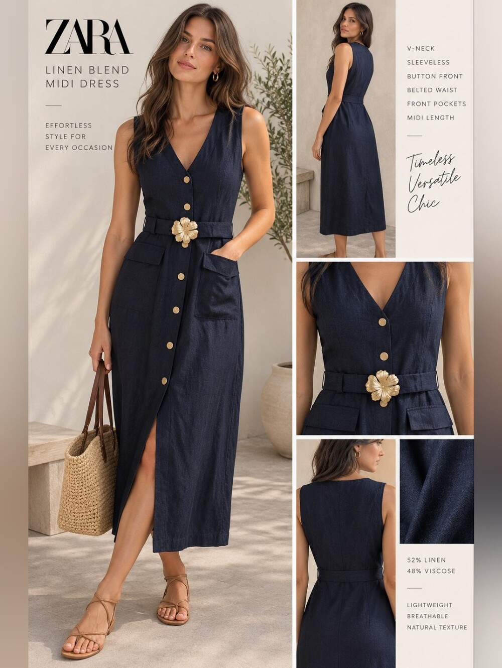 ZARA NWT Navy Blue Linen Blend Belted Midi Dress Gold Floral Buckle M